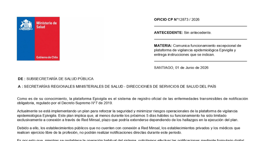 Imagen de referencia - OFICIO CP N°12873 / 2026. Comunica funcionamiento excepcional de plataforma de vigilancia epidemiológica Epivigila y entrega instrucciones que se indican.